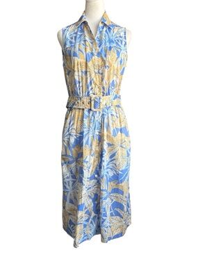J.McLaughlin XL Blue Tan Tropical Cotton Shirt Dress Belted Midi Preppy Coastal